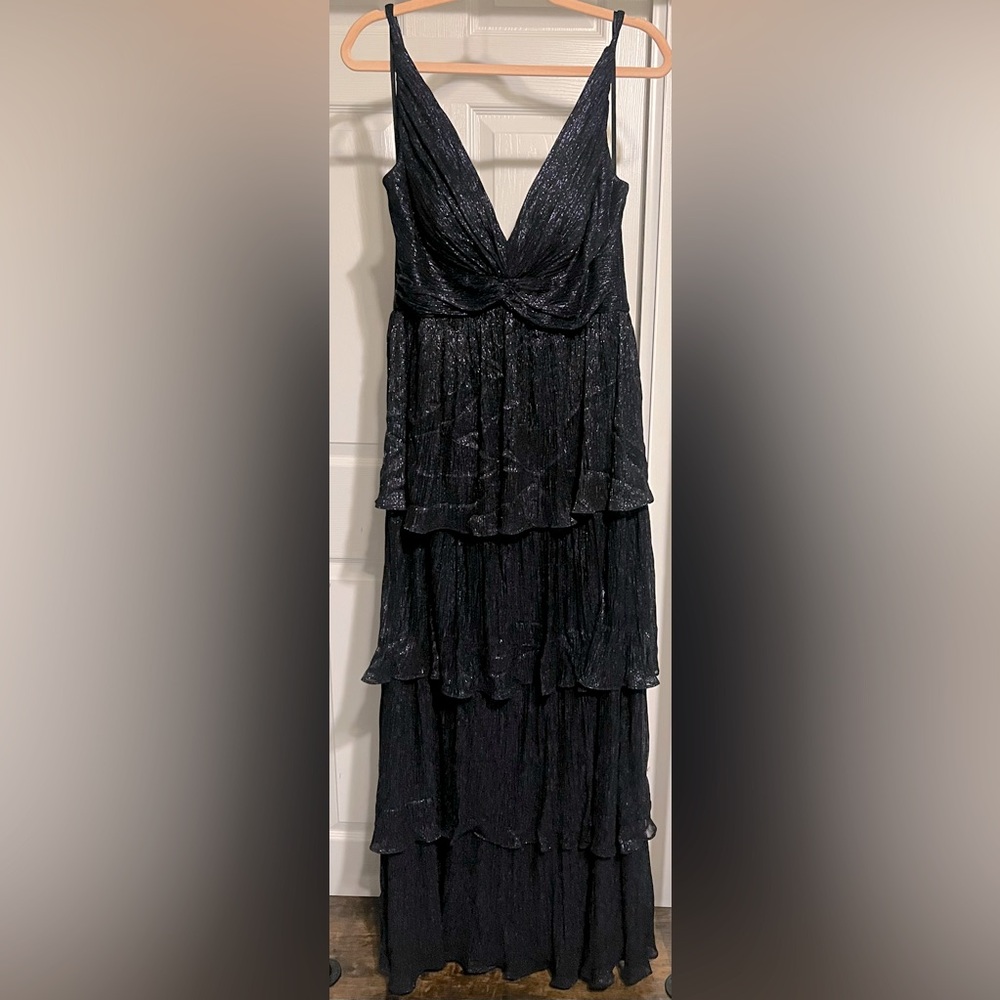 Betsy & Adam Blue Metallic Crinkled Tiered Evening Gown - Size 12
